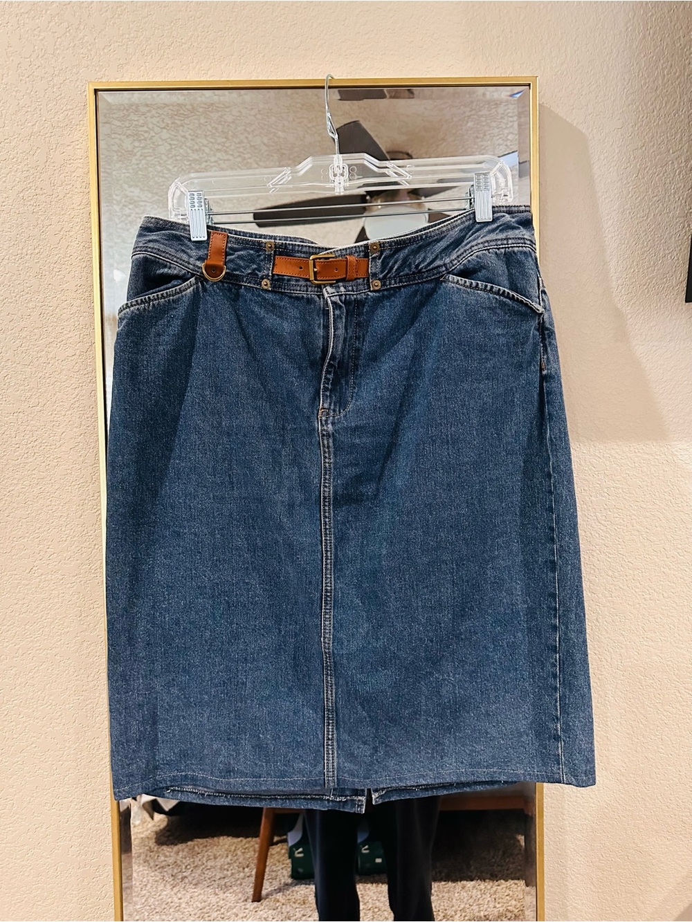 Lauren Jean Co. By Ralph Lauren Dark Blue Denim Pencil Skirt with Tan Belt 12